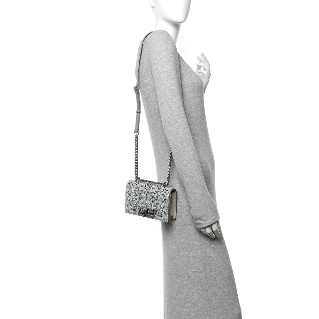 Suede Calfskin Crystal Studded Mini Jeweled Knuckle Satchel Silver