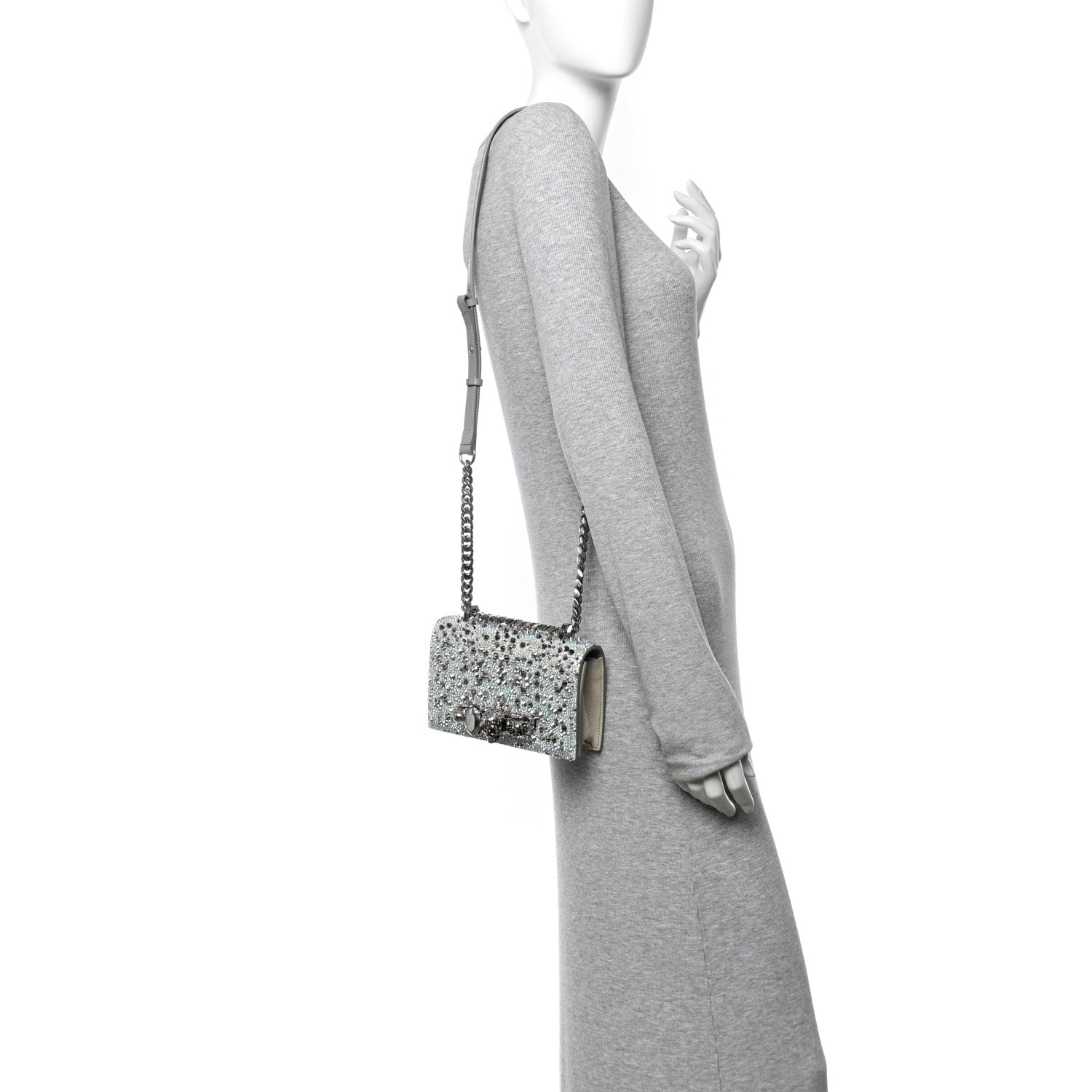 Suede Calfskin Crystal Studded Mini Jeweled Knuckle Satchel Silver