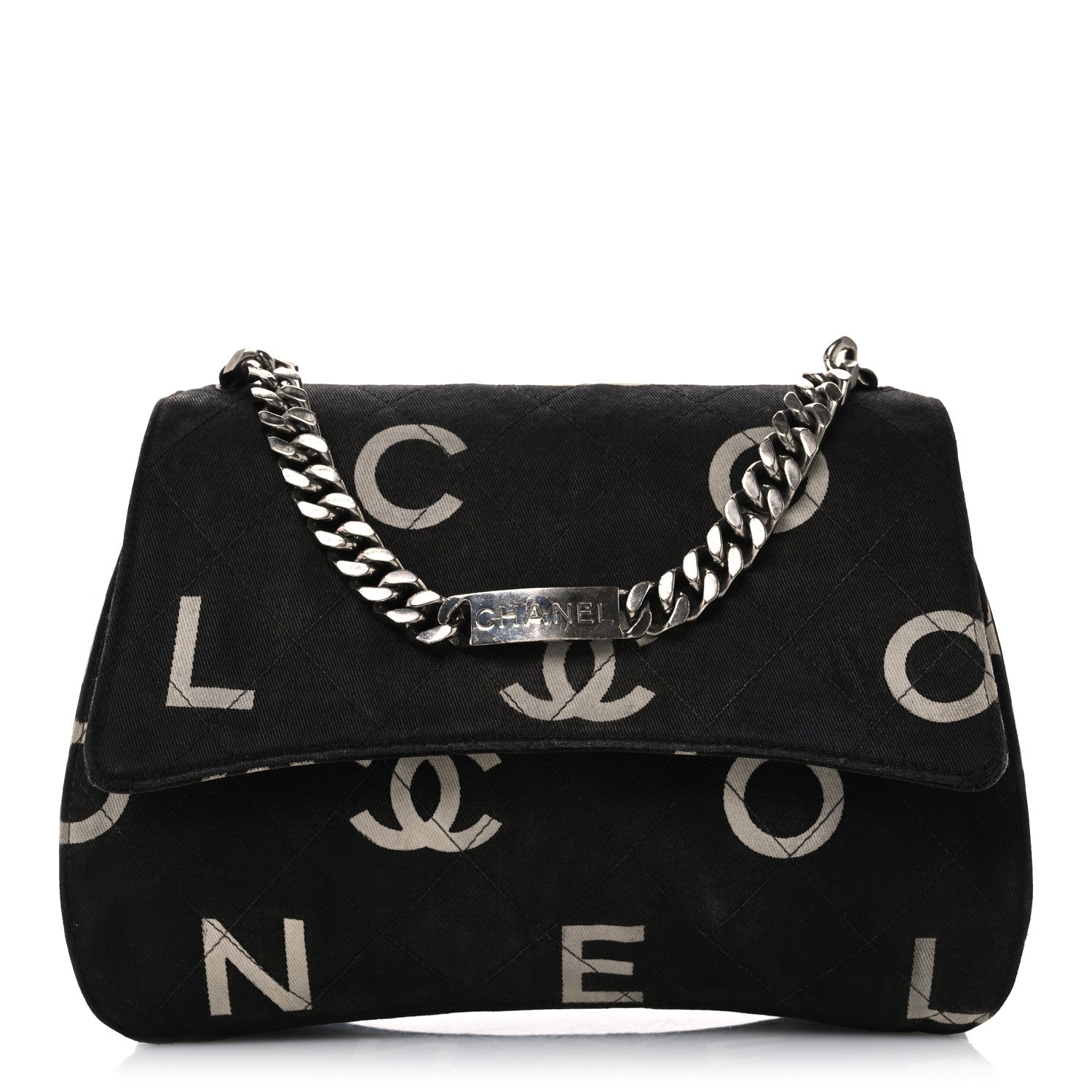 Canvas Quilted Letter Printed Flap Black
