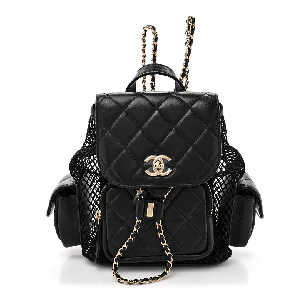 Shiny Lambskin Mesh Quilted Small Cargo Duma Drawstring Backpack Black