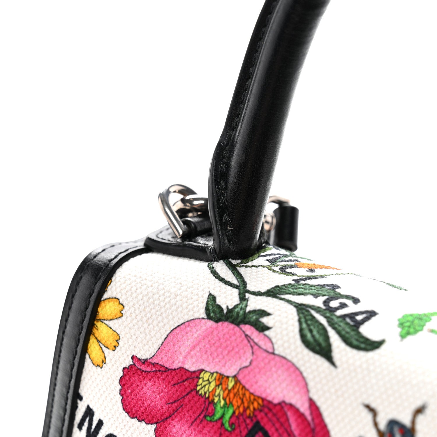 X GUCCI Canvas Boarded Plutone Calfskin Flora Logo Print Small Hourglass Top Handle Bag White Multicolor Black