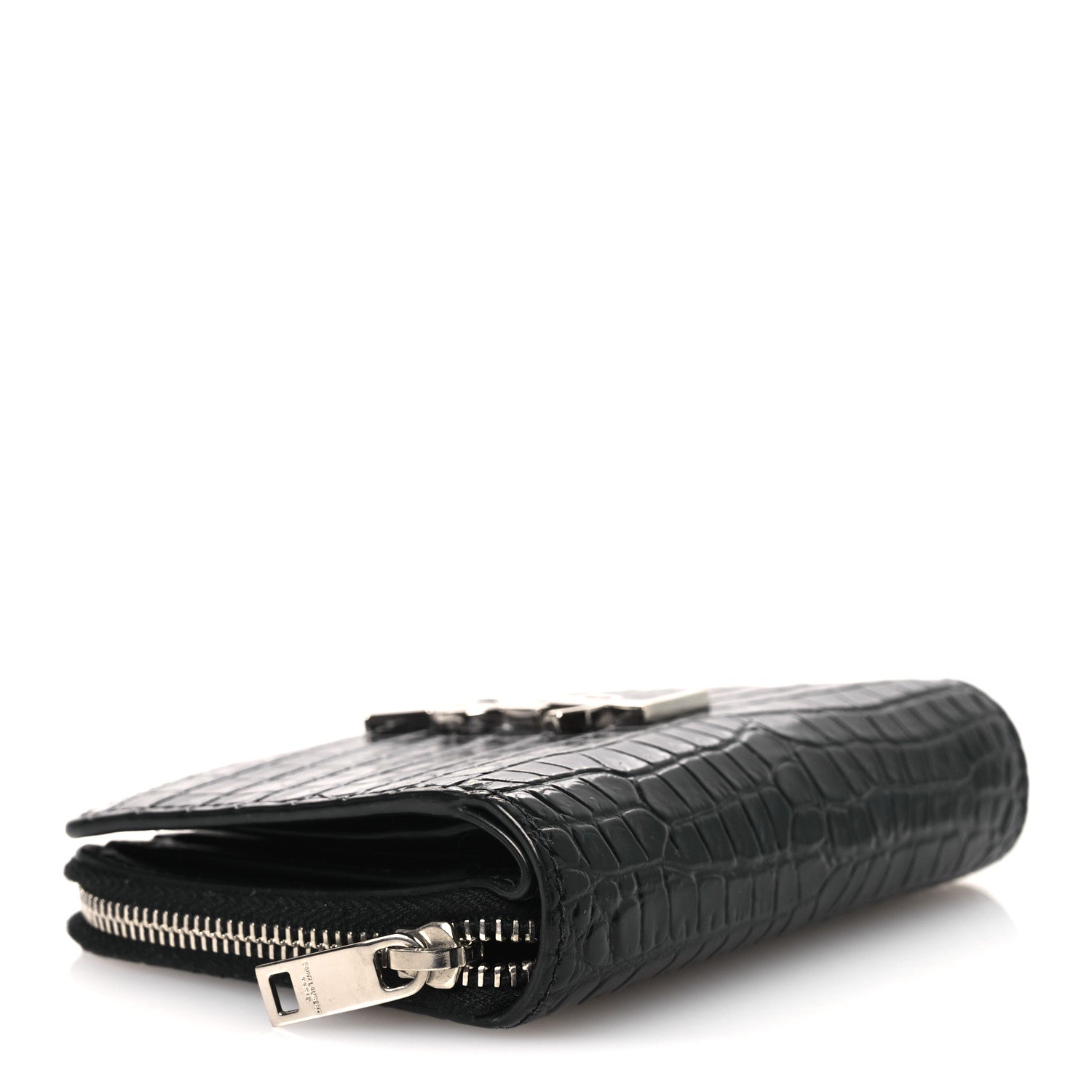 Calfskin Crocodile Embossed Monogram Compact Wallet Black