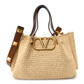 Raffia Grained Calfskin Small Rockstud Vlogo Tote Naturale