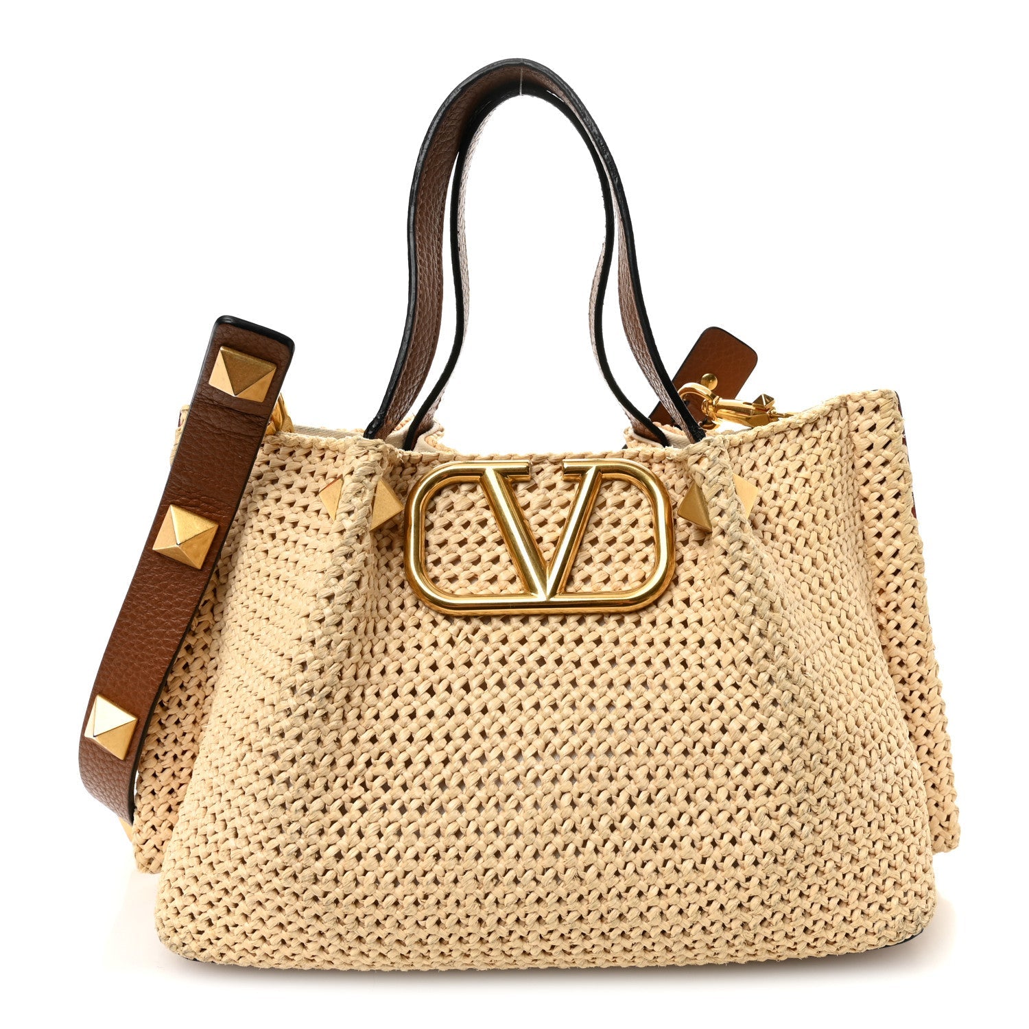 Raffia Grained Calfskin Small Rockstud Vlogo Tote Naturale