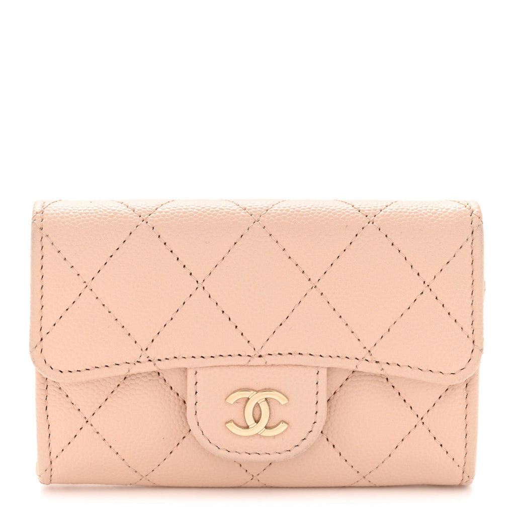 Caviar Quilted Flap  Holder Wallet Light Beige