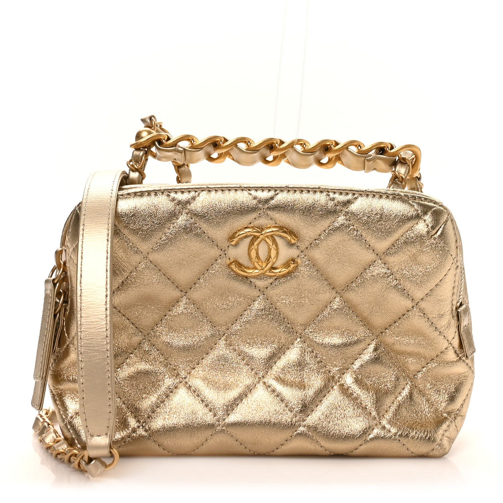 Metallic Lambskin Quilted Mini Bowling Bag Gold