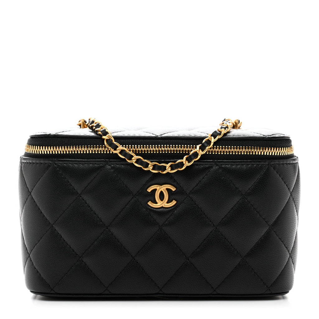 Lambskin Enamel Quilted Small Coco Hearts Vanity Case With Chain Black