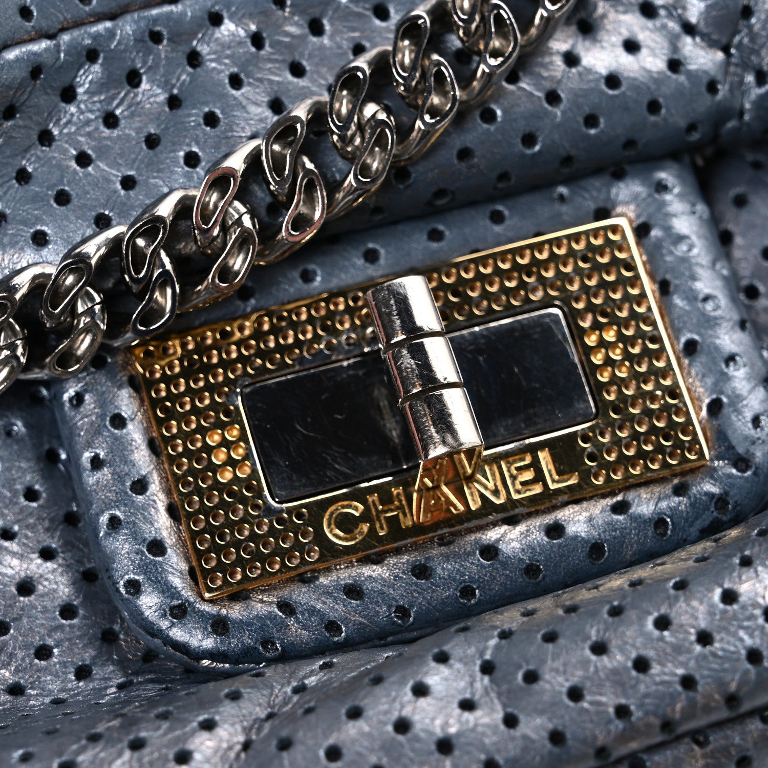 Metallic Crackled Calfskin Perforated Drill Flap Silver