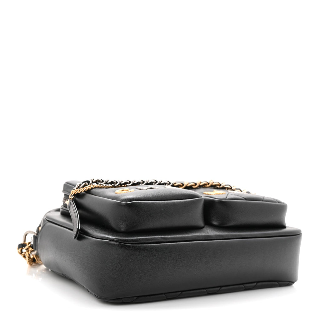 Calfskin Quilted Small Camera Case Black