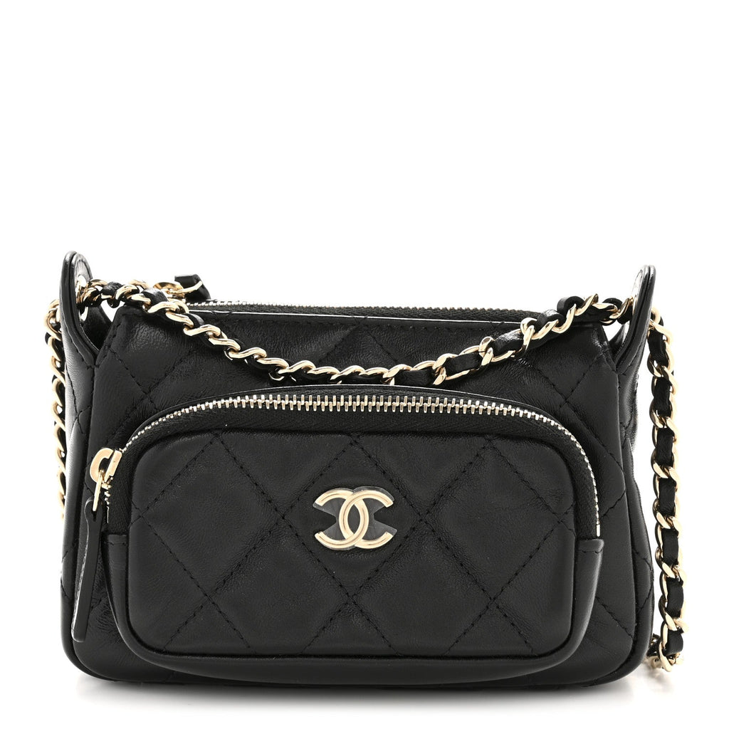 Shiny Crumpled Lambskin Quilted Mini Clutch With Chain Black