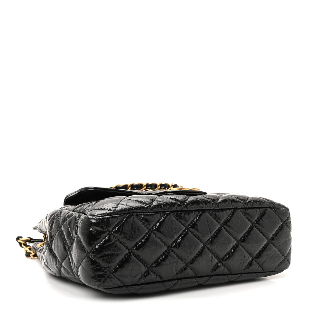 Shiny Crumpled Calfskin Quilted Wavy CC Hobo Black