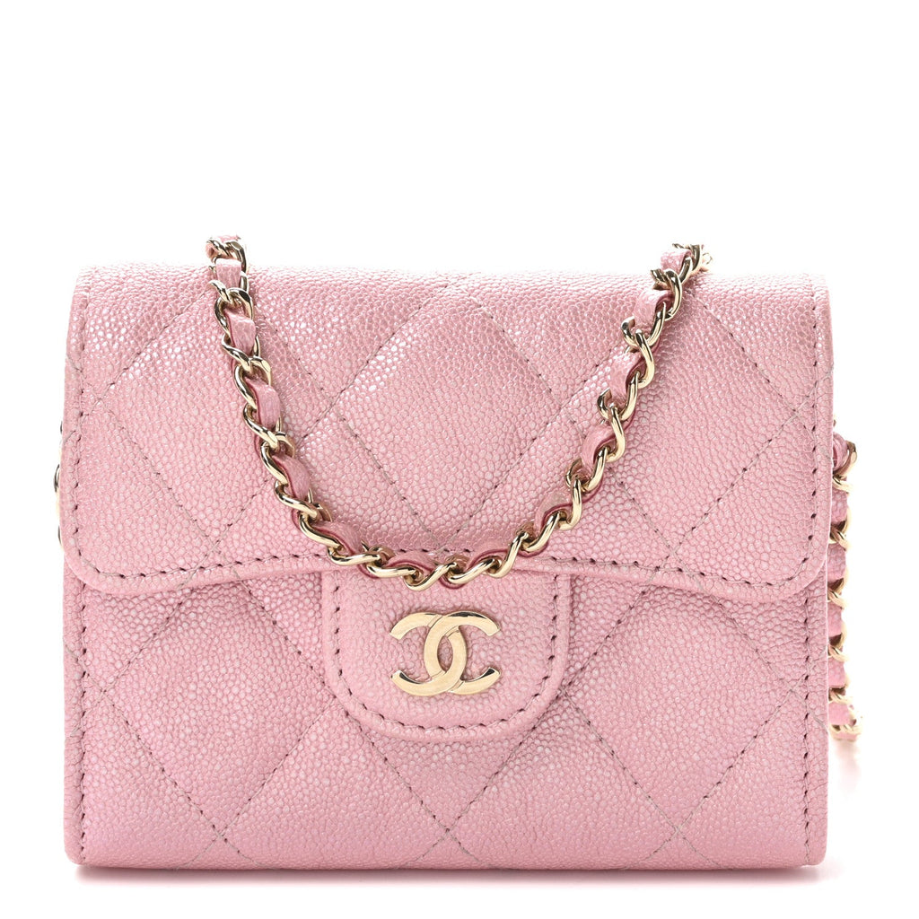 Iridescent Caviar Quilted Flap  Holder On Chain Pink