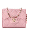 Iridescent Caviar Quilted Flap  Holder On Chain Pink