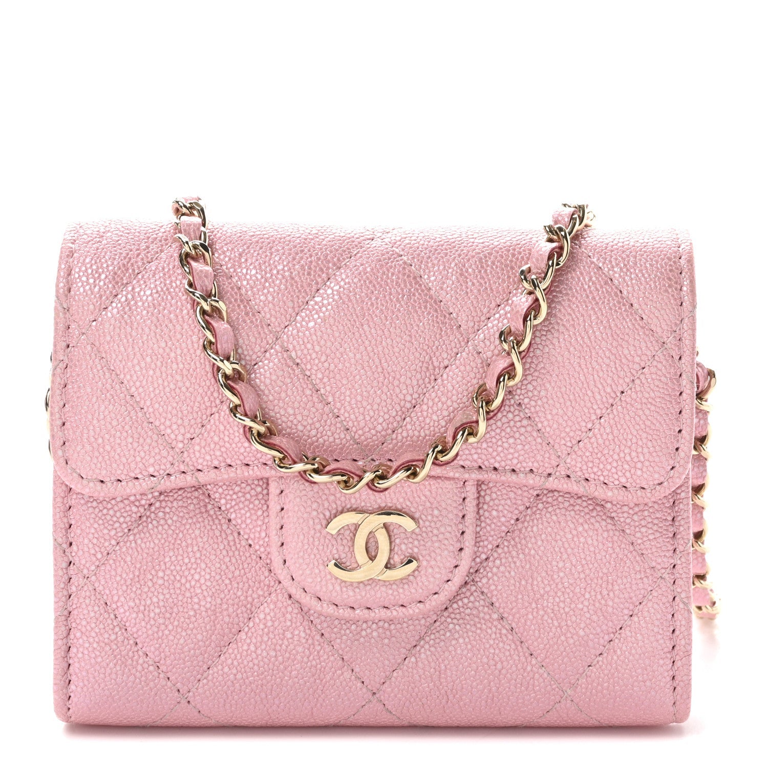 Iridescent Caviar Quilted Flap  Holder On Chain Pink