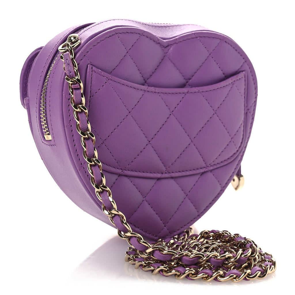 Lambskin Quilted CC In Love Heart Clutch With Chain Purple