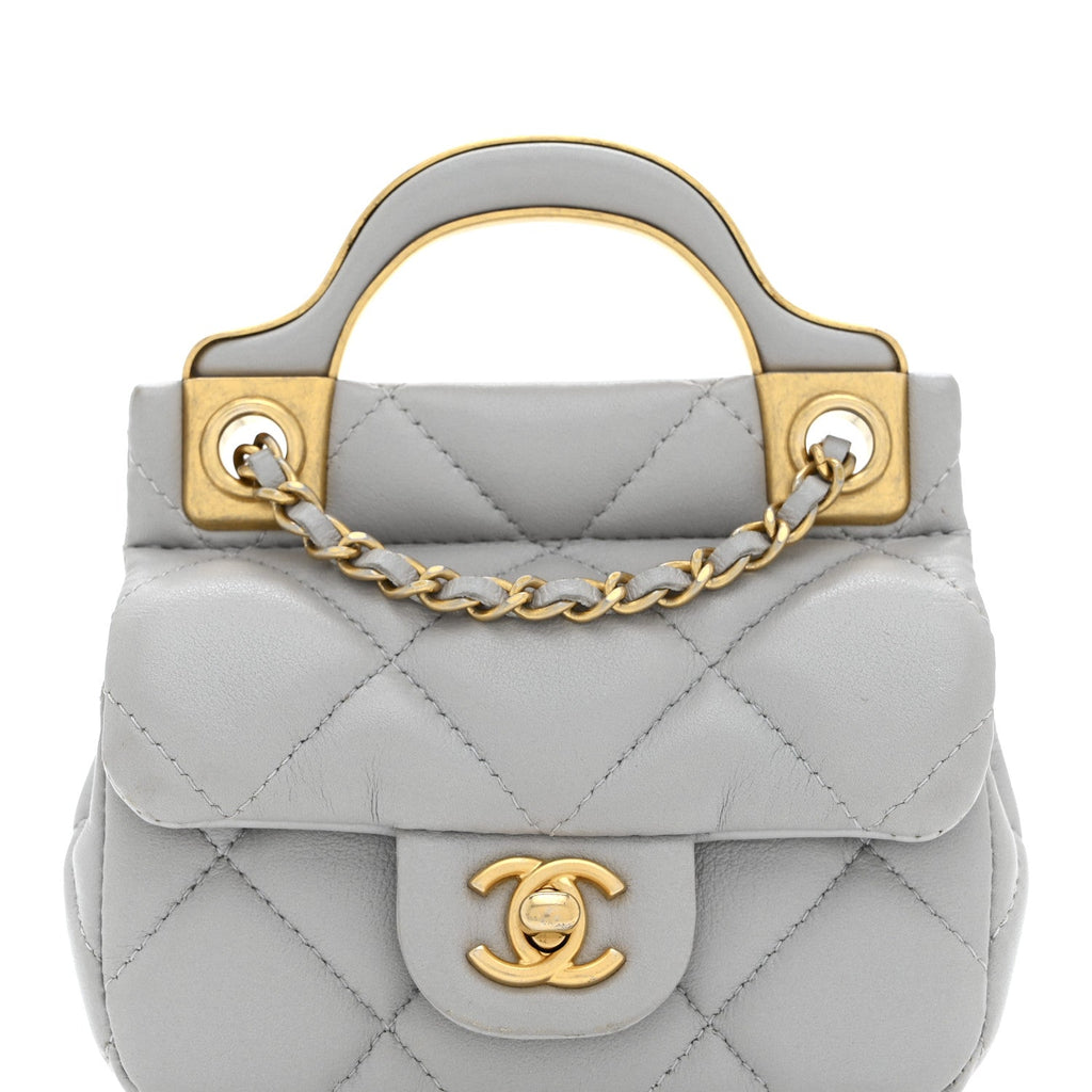 Calfskin Quilted Lady Handle Flap  Holder With Chain Grey