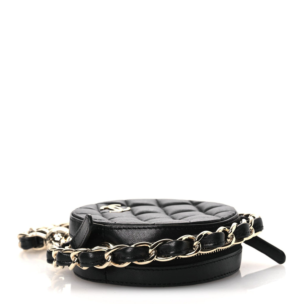 Lambskin Quilted Chain Round Mini Clutch Black