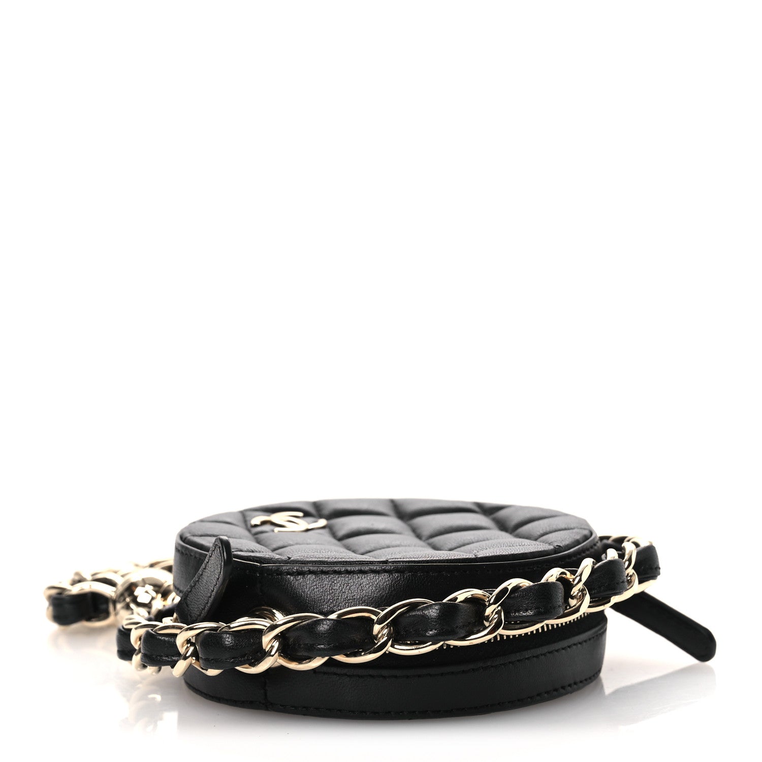 Lambskin Quilted Chain Round Mini Clutch Black