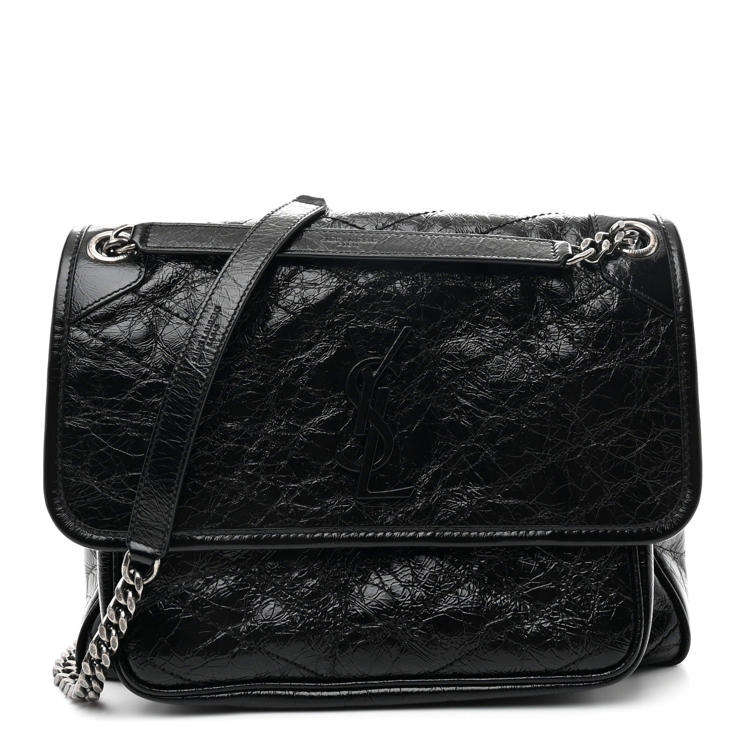 Crinkled Calfskin Matelasse Monogram Medium Niki Chain Satchel Black