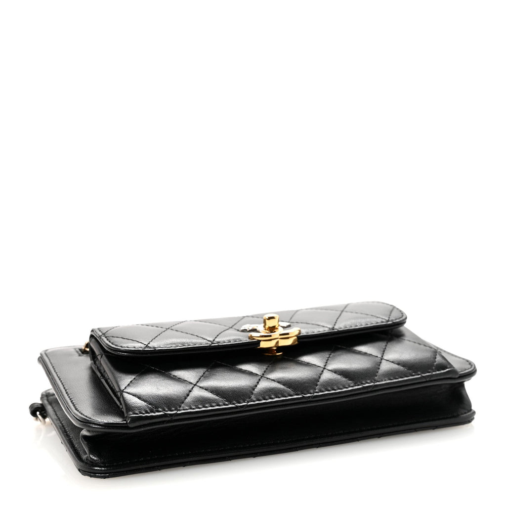 Lambskin Quilted Front Pocket Clutch With Chain Black