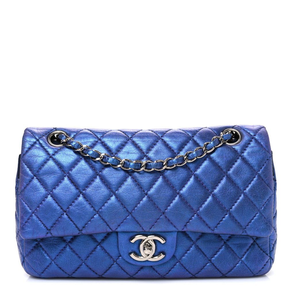 Metallic Lambskin Quilted Medium Double Flap Turquoise