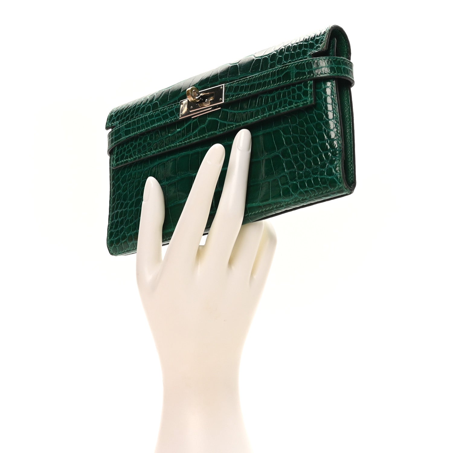 Shiny Alligator Kelly Tri-Fold Longue Wallet Vert Emeraude