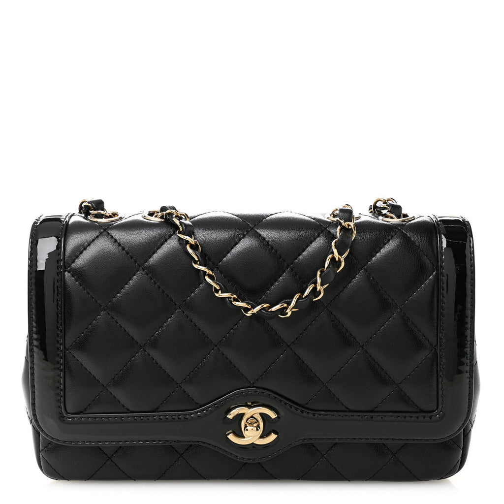 Lambskin Patent Calfskin Quilted Small Flap Bag Black