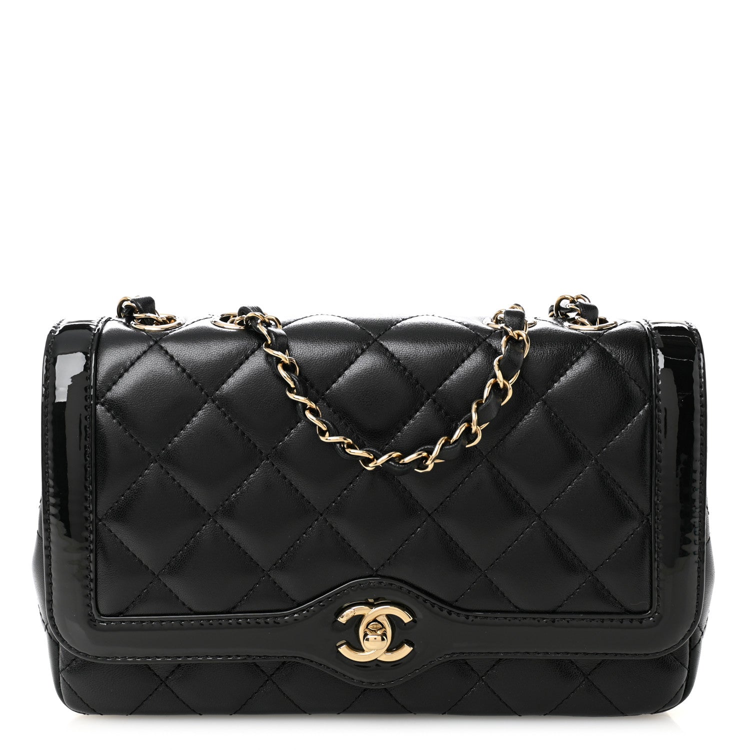 Lambskin Patent Calfskin Quilted Small Flap Bag Black