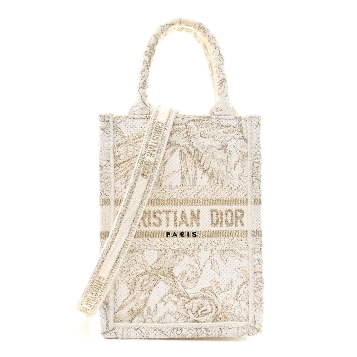 Canvas Embroidered Jardin D'Hiver Mini Book Tote Phone Bag White Gold