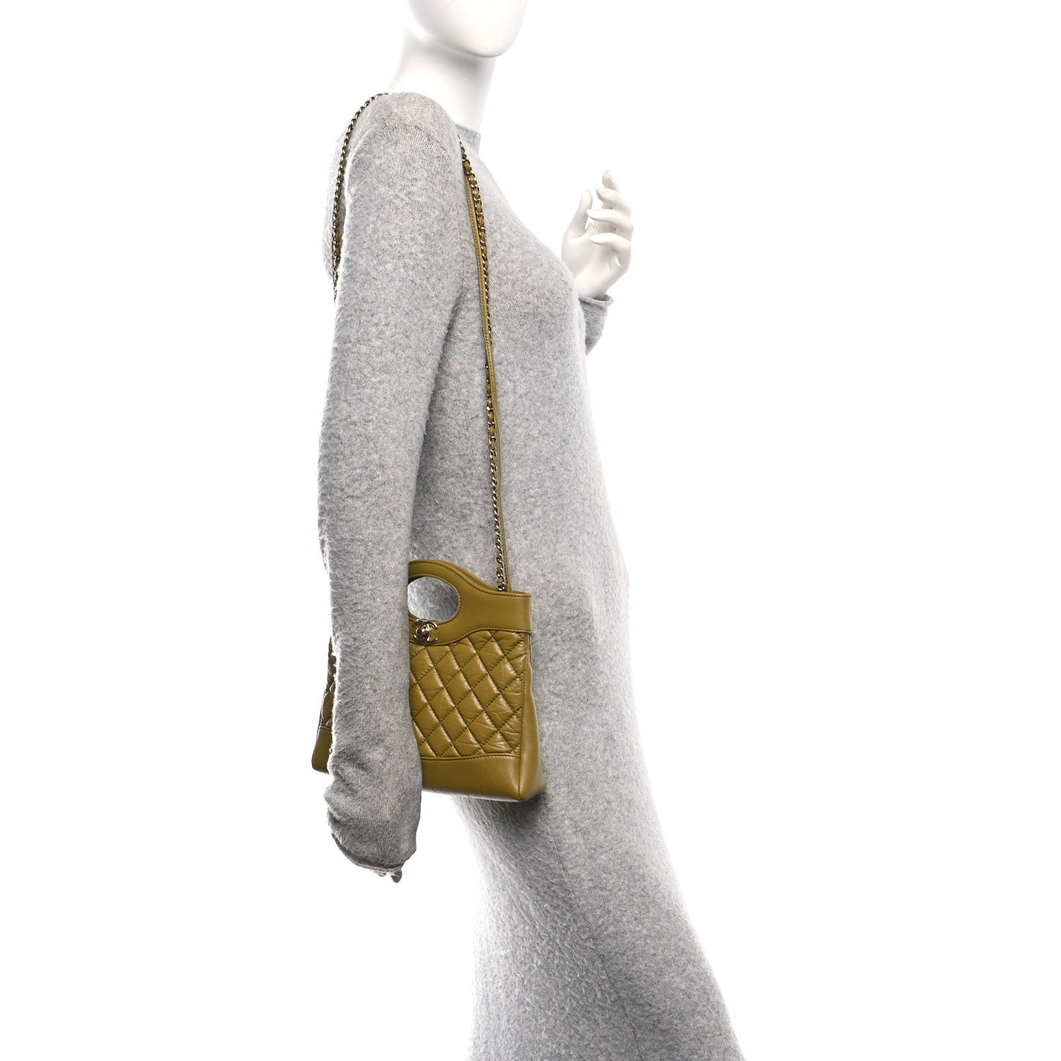 Shiny Crumpled Calfskin Quilted Mini 31 Shopping Bag Khaki