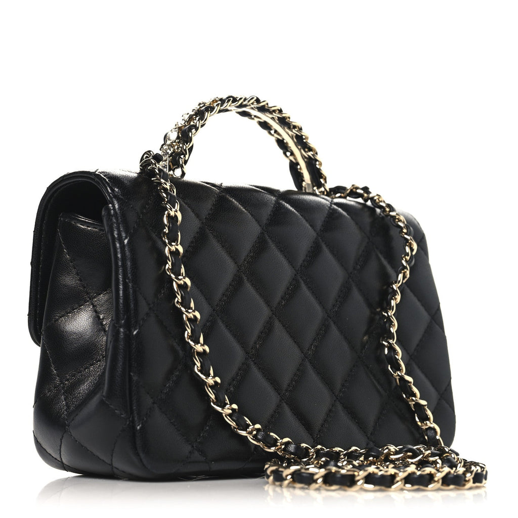 Lambskin Quilted Mini Crystal Top Handle Rectangular Flap Black