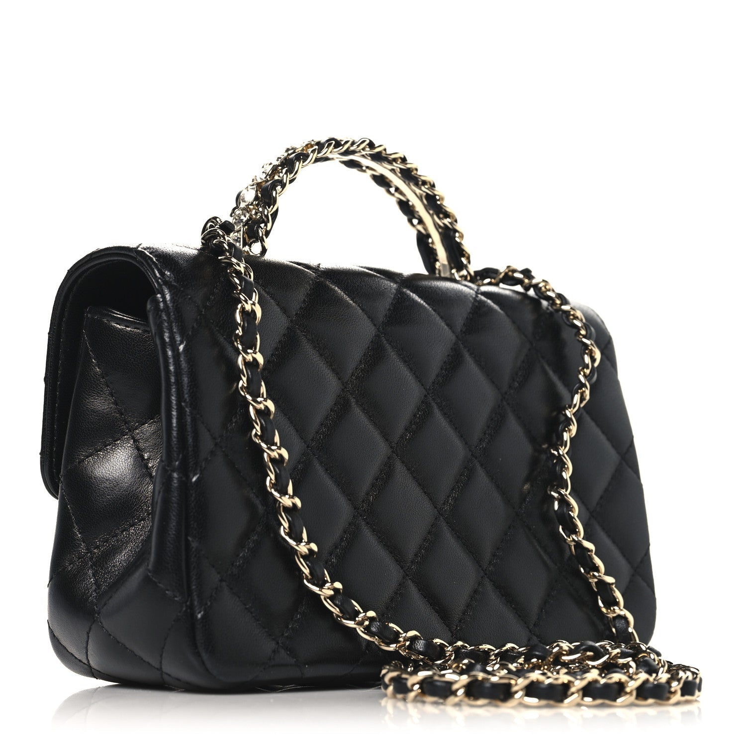 Lambskin Quilted Mini Crystal Top Handle Rectangular Flap Black