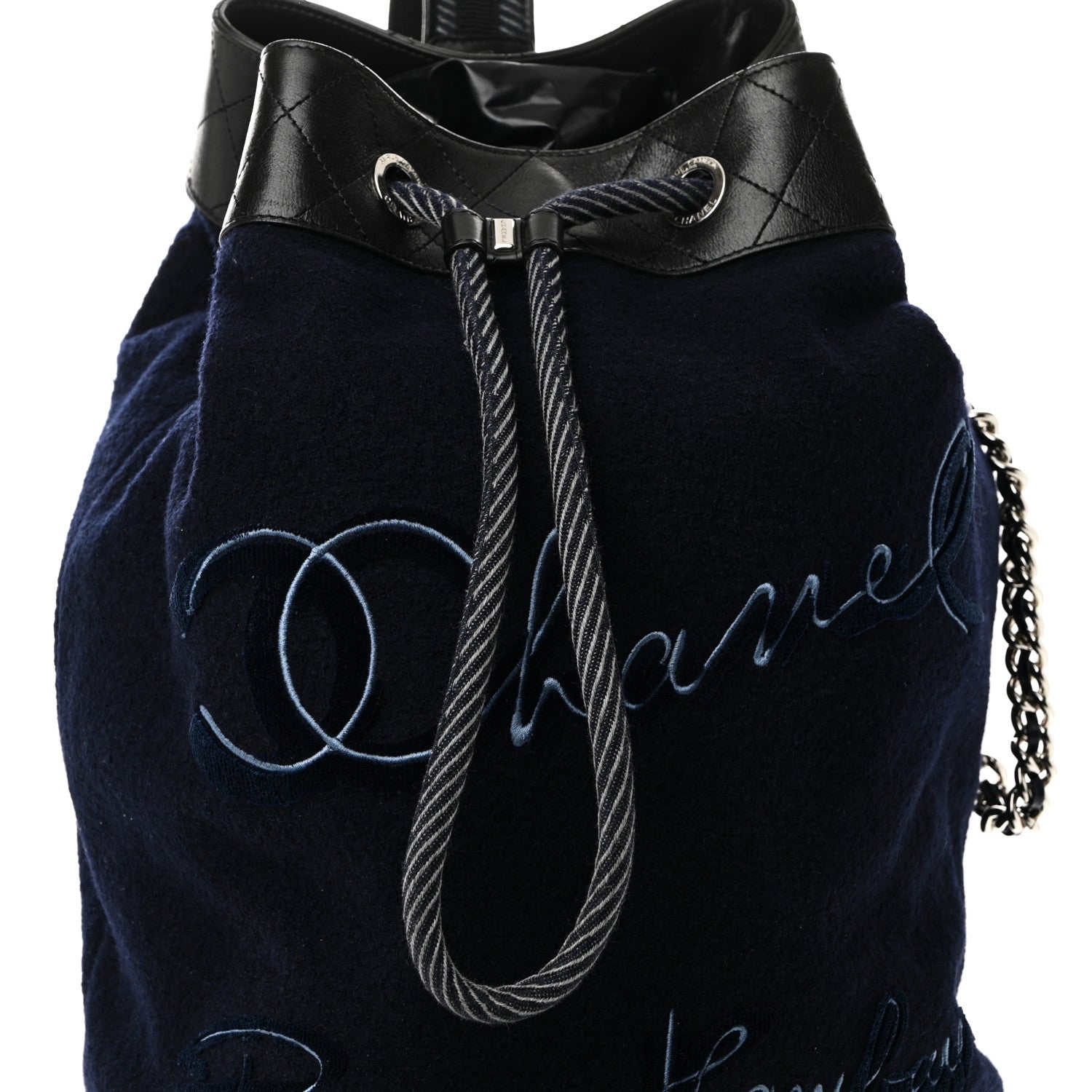 Wool Calfskin Embroidered Paris Hamburg Drawstring Backpack Navy Blue