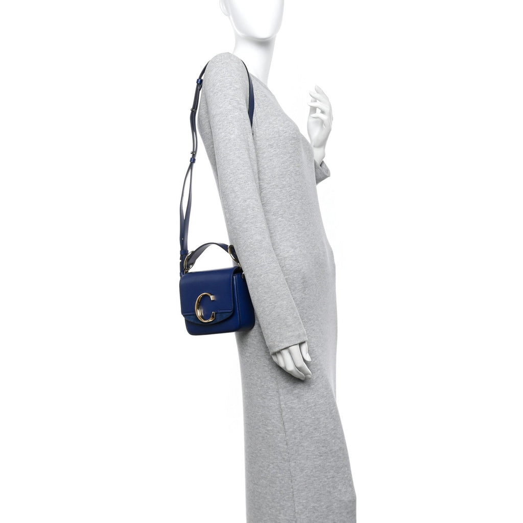 Shiny Calfskin Suede Mini C Bag Smoky Blue