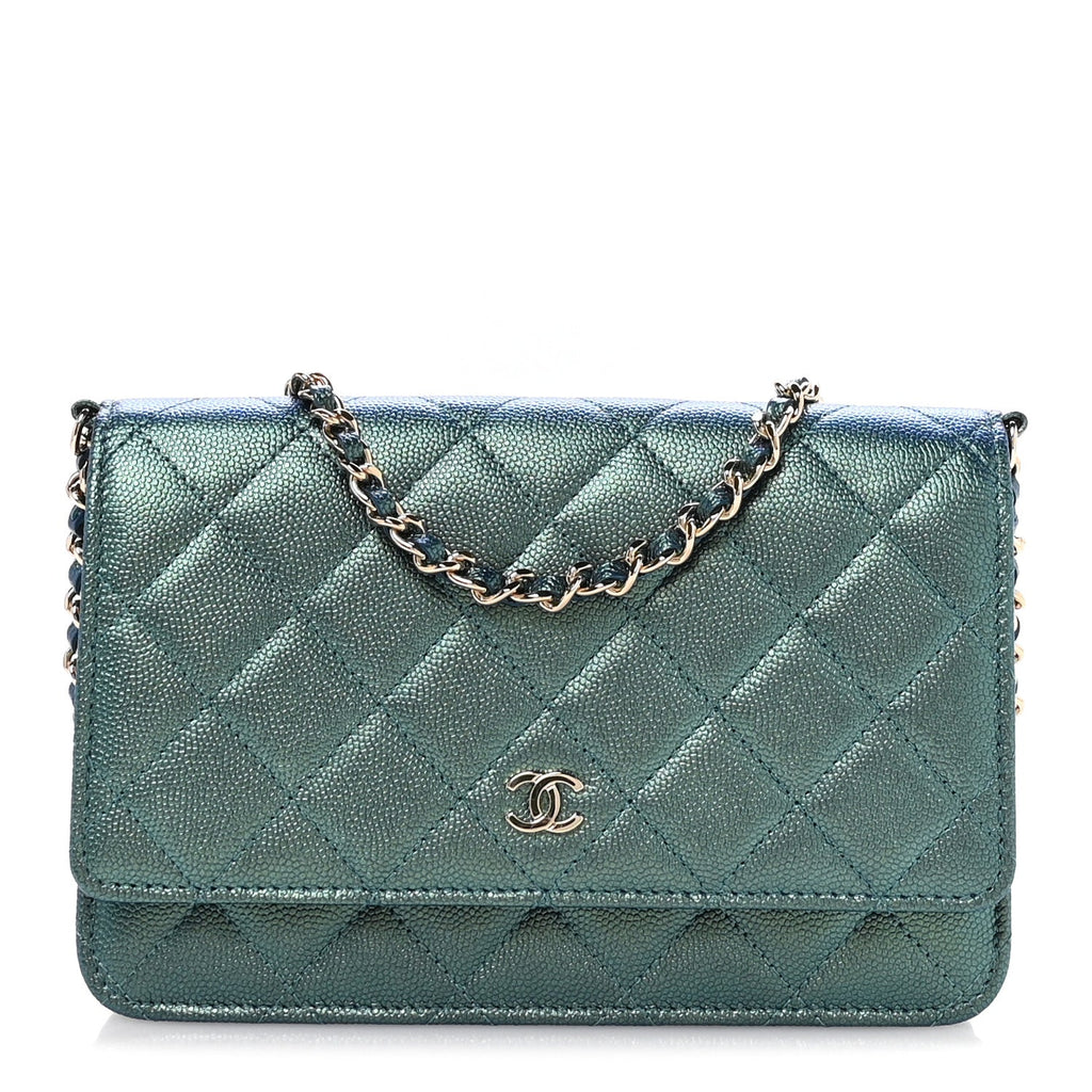 Iridescent Caviar Quilted Wallet on Chain WOC Dark Blue