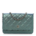 Iridescent Caviar Quilted Wallet on Chain WOC Dark Blue