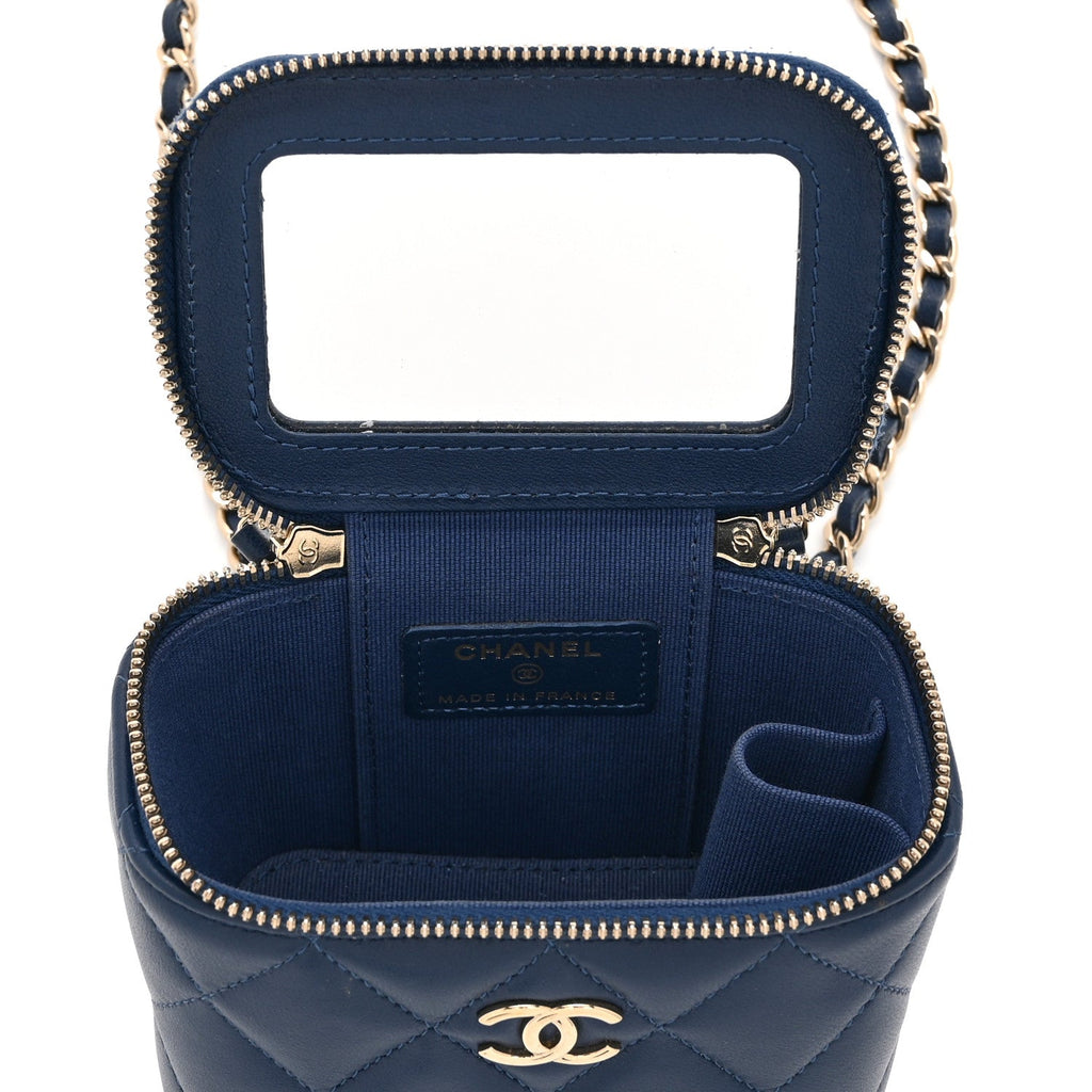 Lambskin Quilted Top Handle Mini Vanity Case With Chain Blue