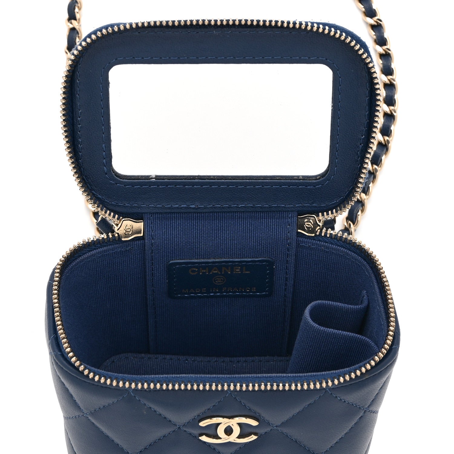 Lambskin Quilted Top Handle Mini Vanity Case With Chain Blue