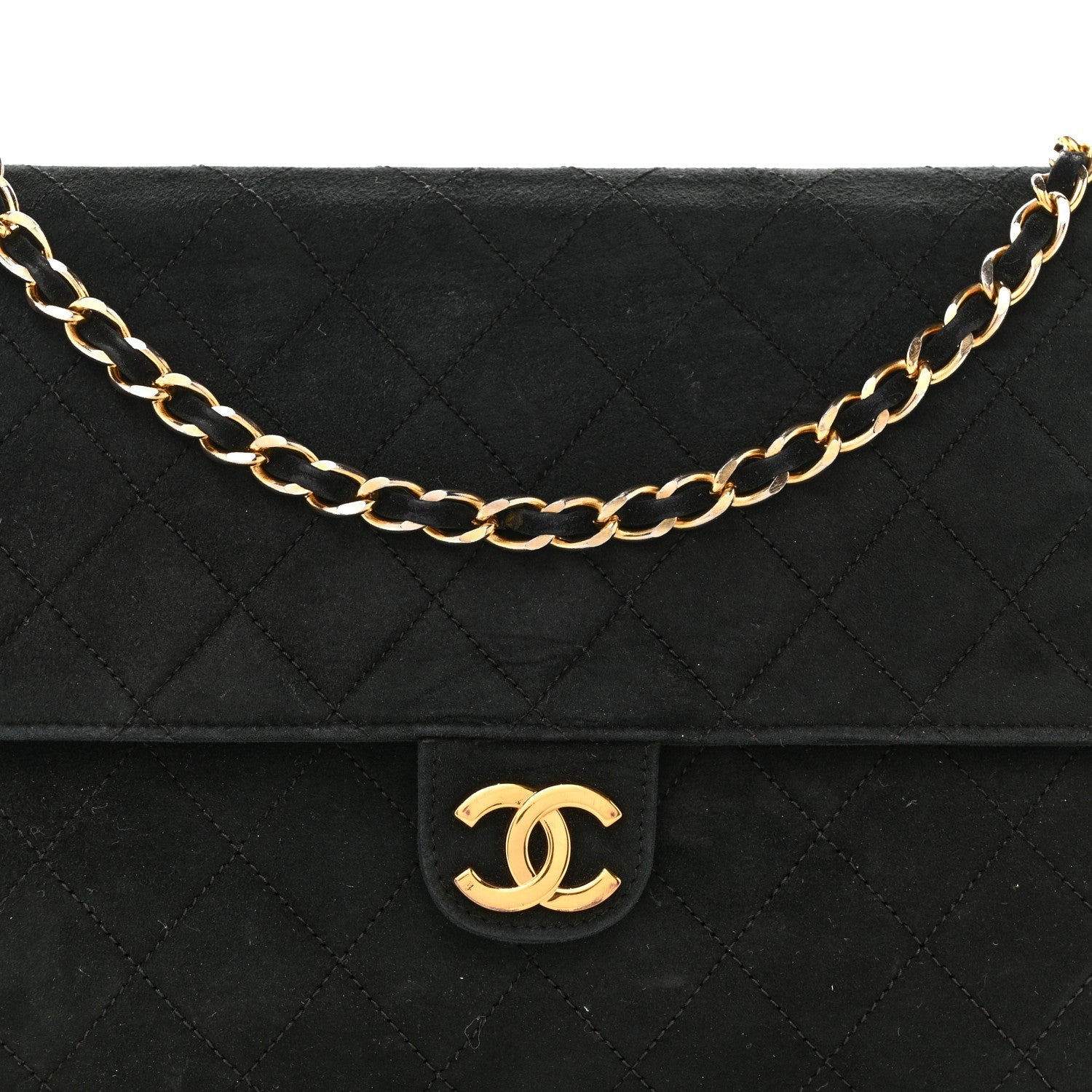 Suede Quilted Medium Single Flap Black