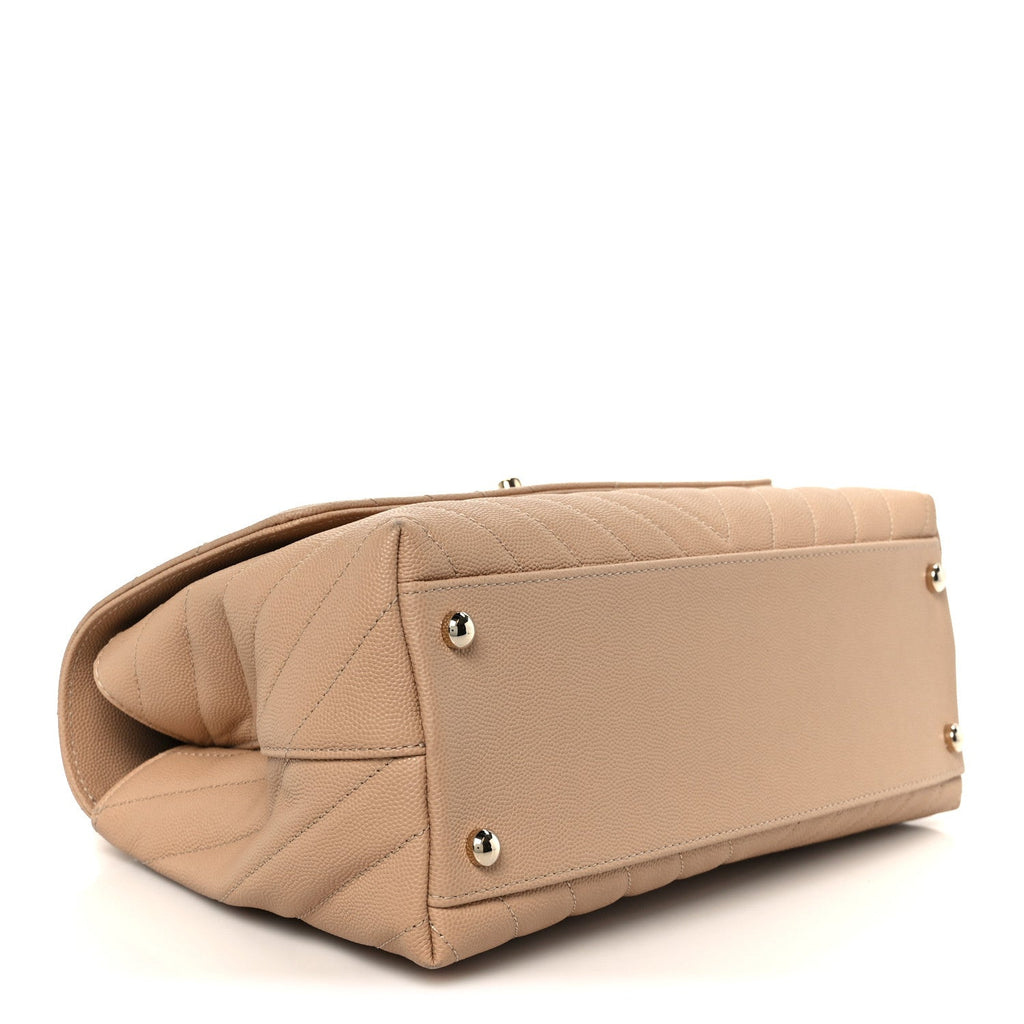 Caviar Chevron Quilted Small Coco Handle Flap Beige