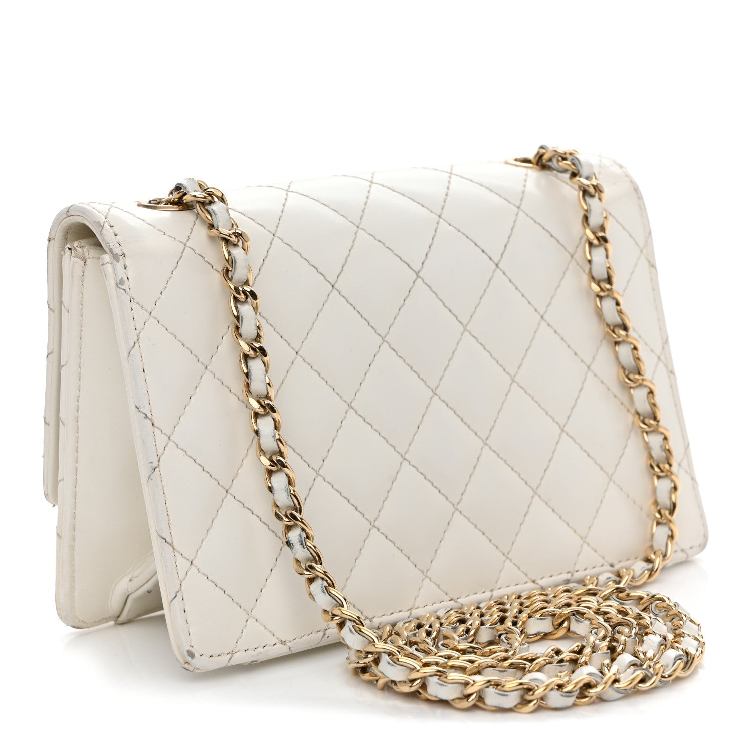Glazed Calfskin Quilted Small Flap White