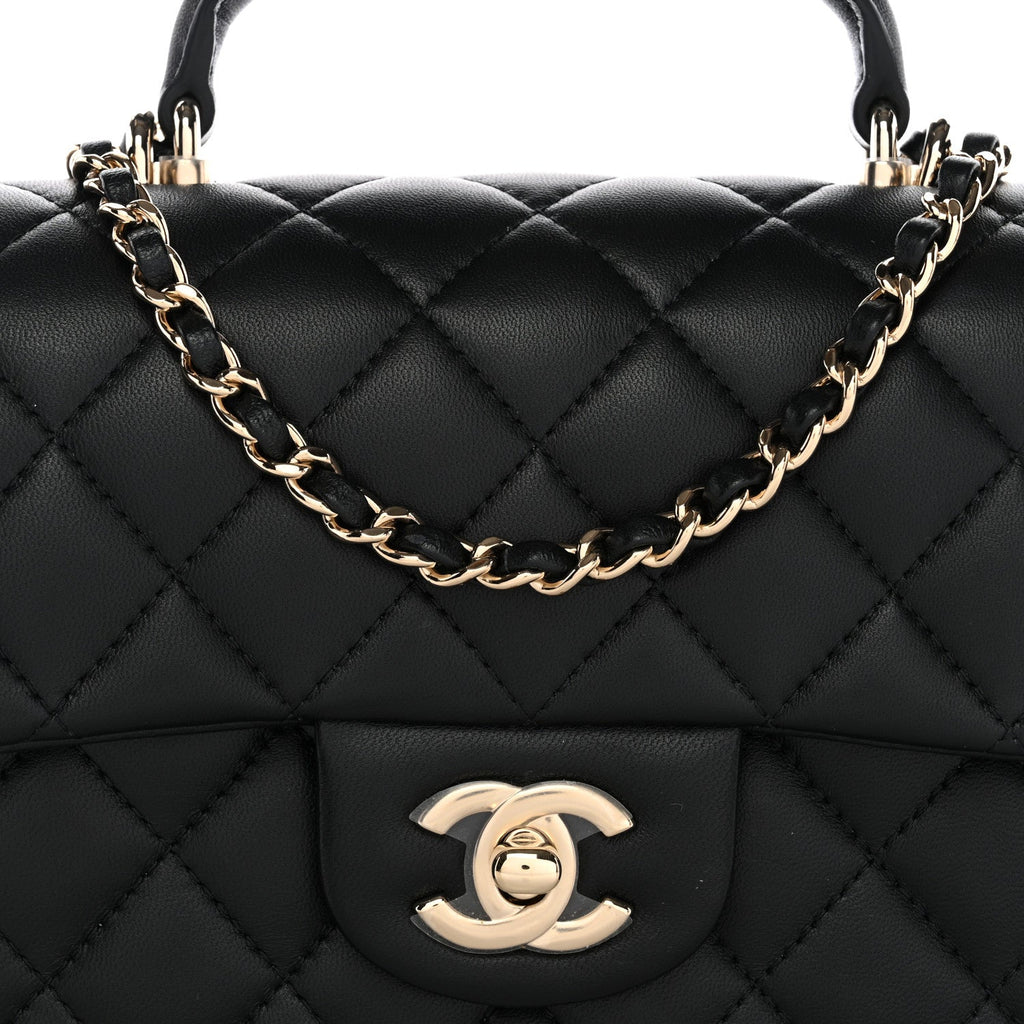 Lambskin Quilted Mini Top Handle Rectangular Flap Black