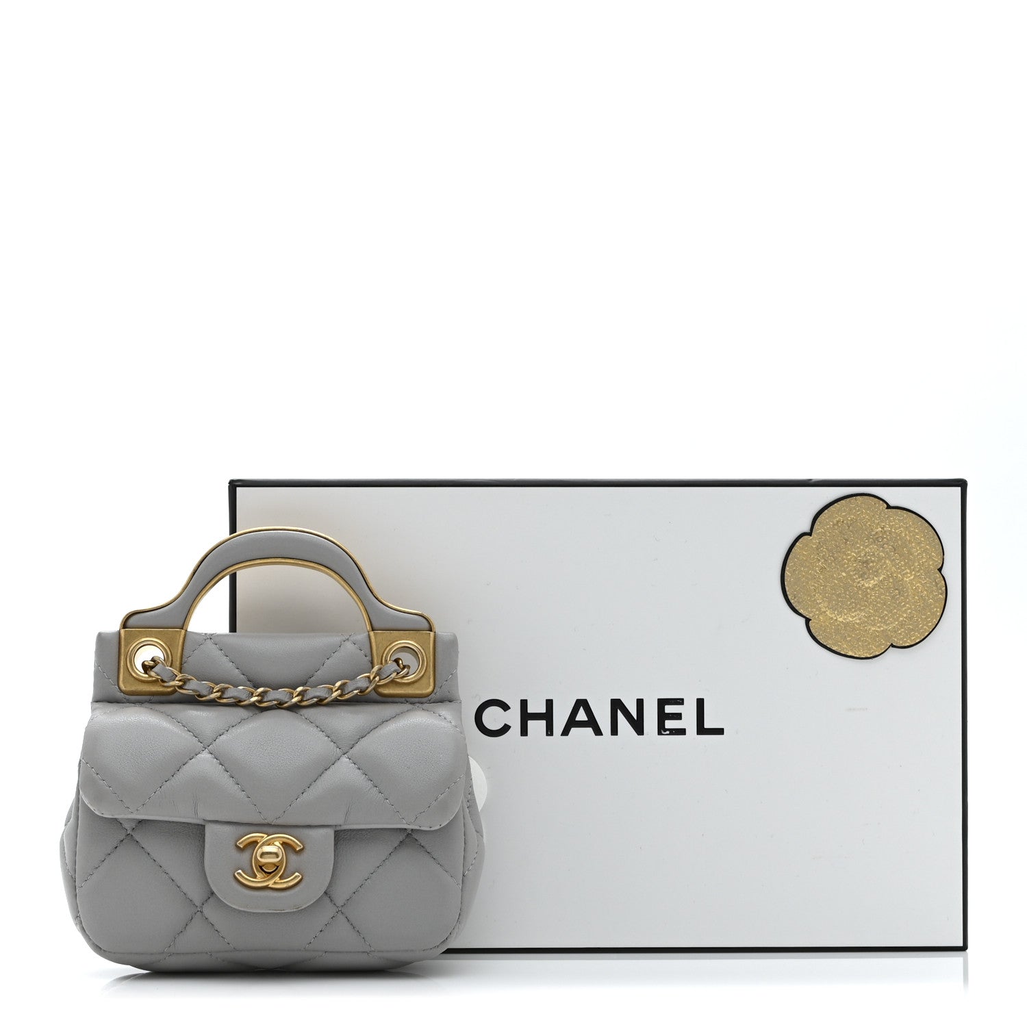 Calfskin Quilted Lady Handle Flap  Holder With Chain Grey