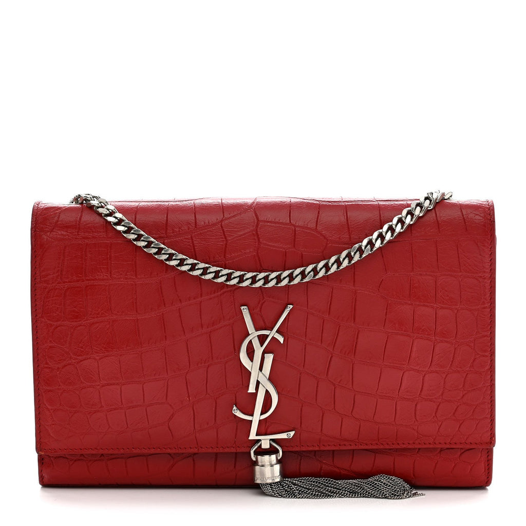 Calfskin Crocodile Embossed Medium Classic Monogram Kate Tassel Satchel New Red