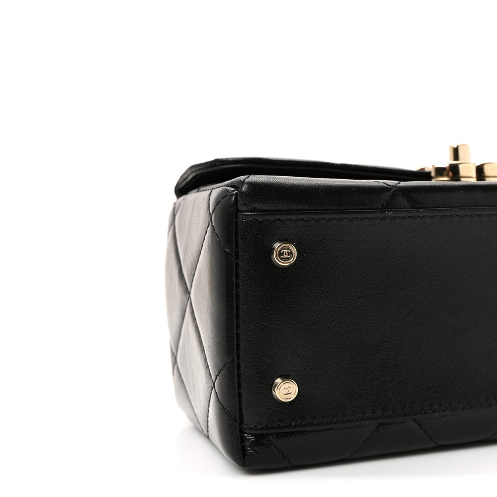 Shiny Calfskin Quilted Top Handle Box Bag Black