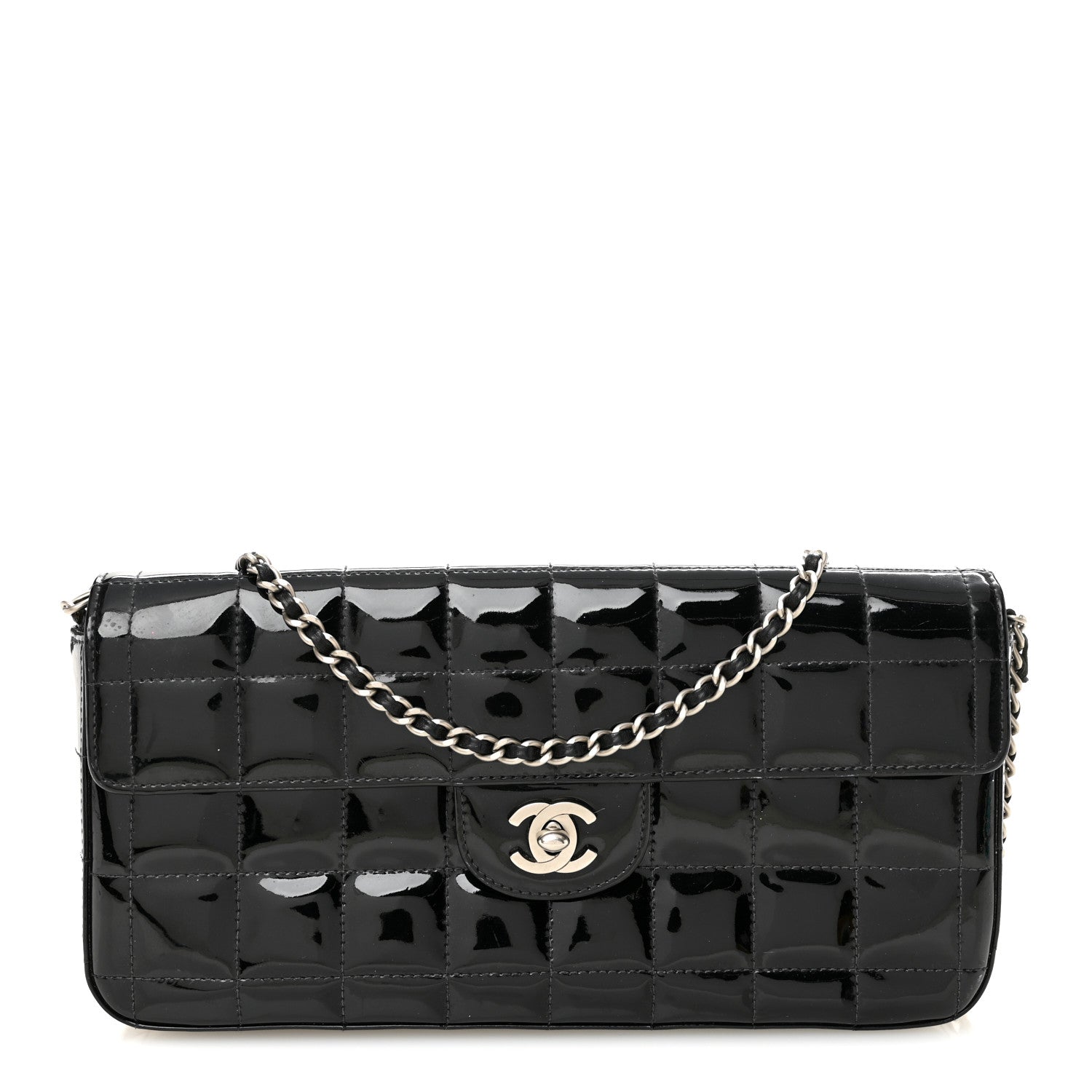 Patent Quilted East West Chocolate Bar Flap Black