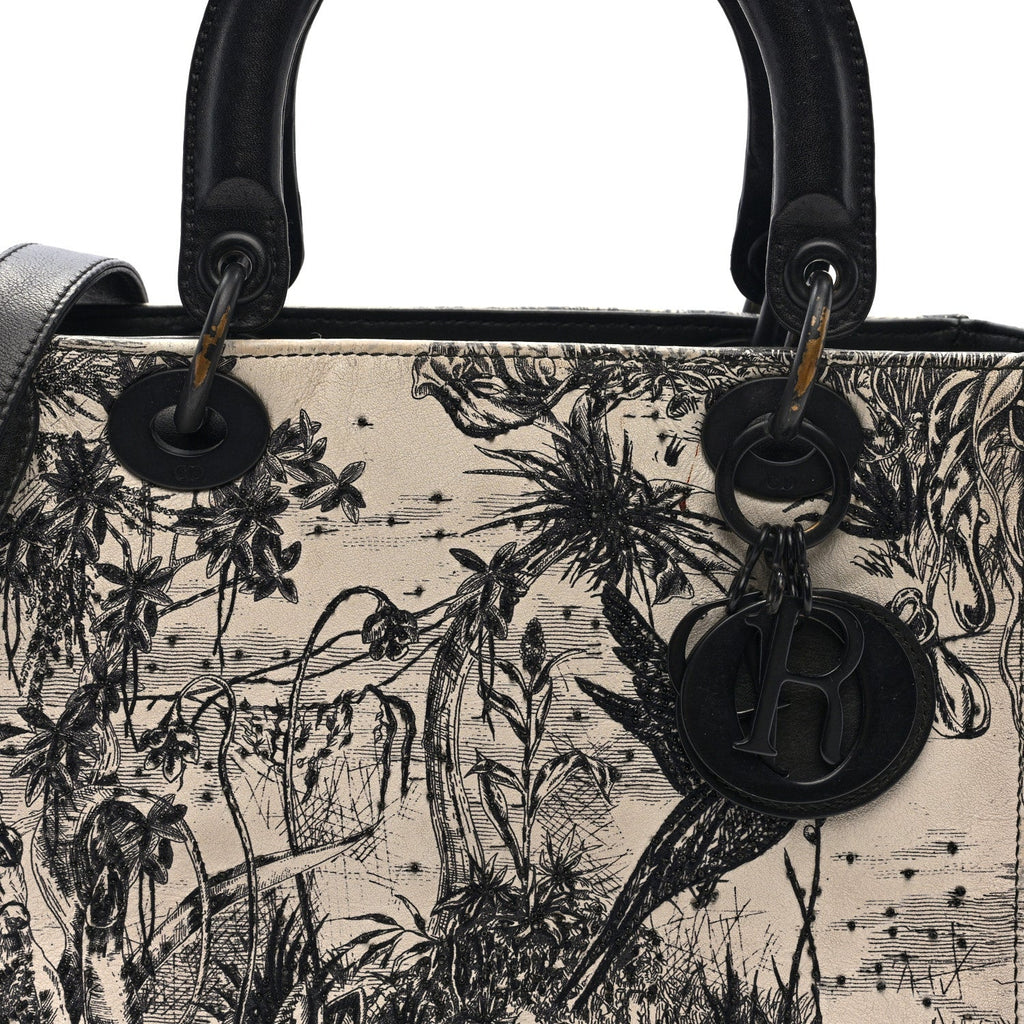 Calfskin Toile de Jouy Carnivora Medium Lady Dior White Black