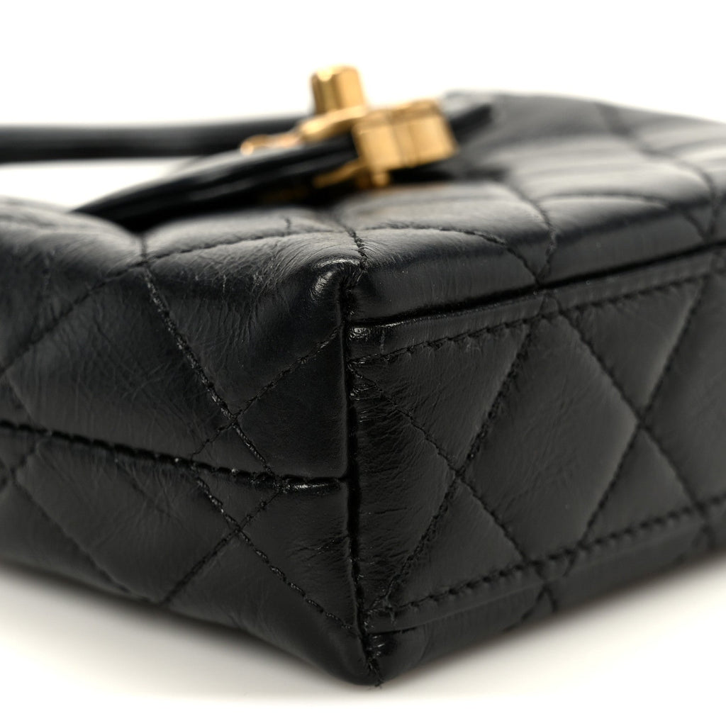 Shiny Aged Calfskin Quilted Mini Nano Kelly Shopper Black