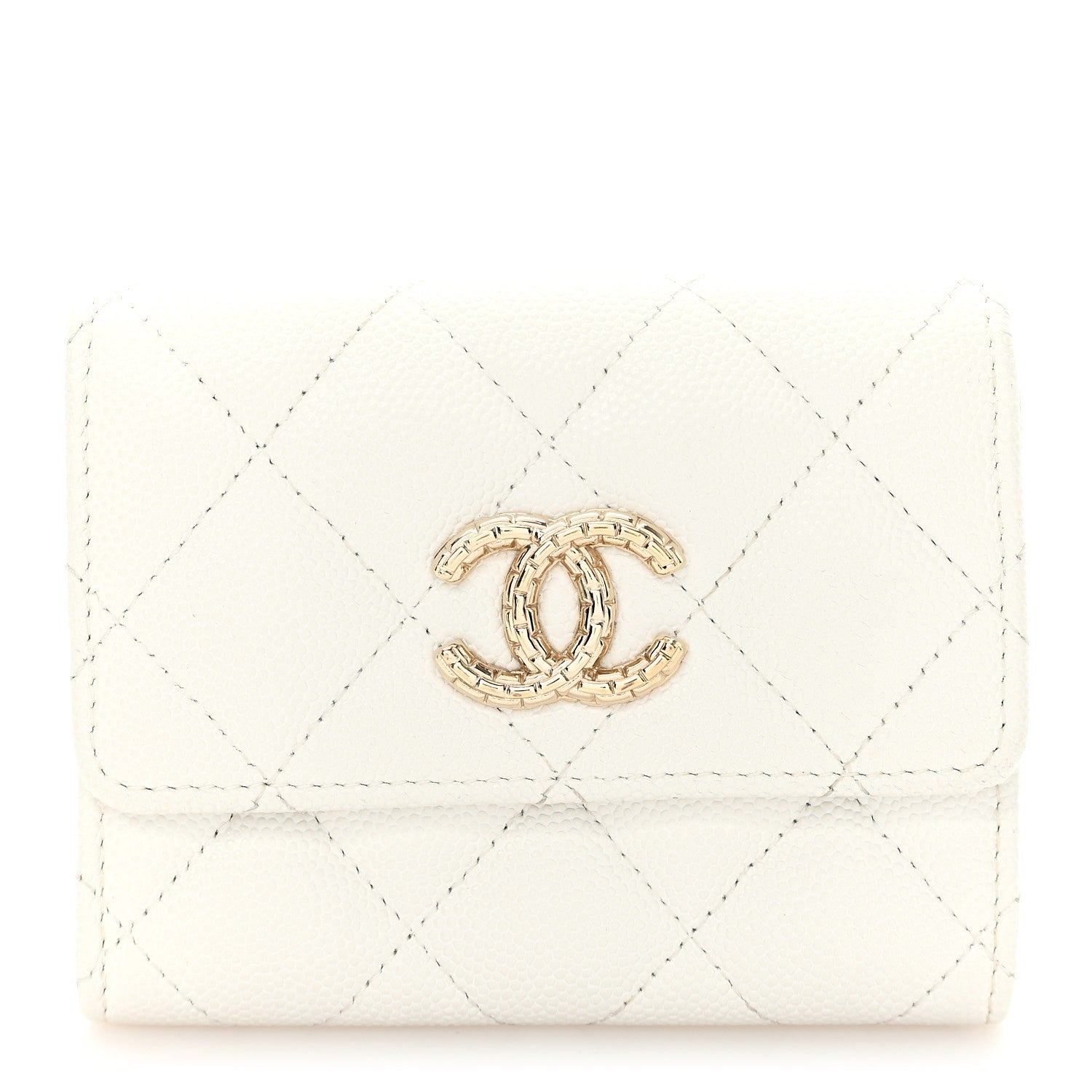 Caviar Quilted Chain CC Quilted Compact Flap  Holder White