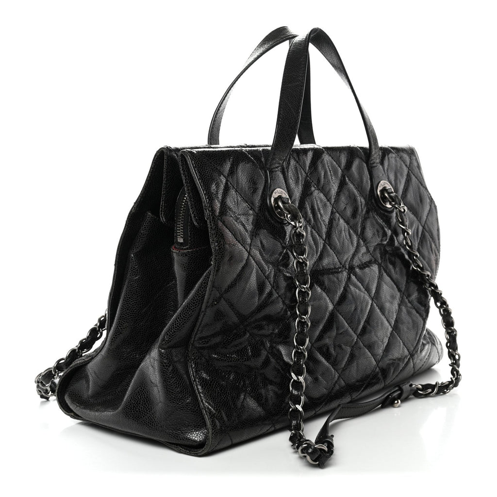 Crumpled Grained Calfskin Quilted CC Crave Tote Black